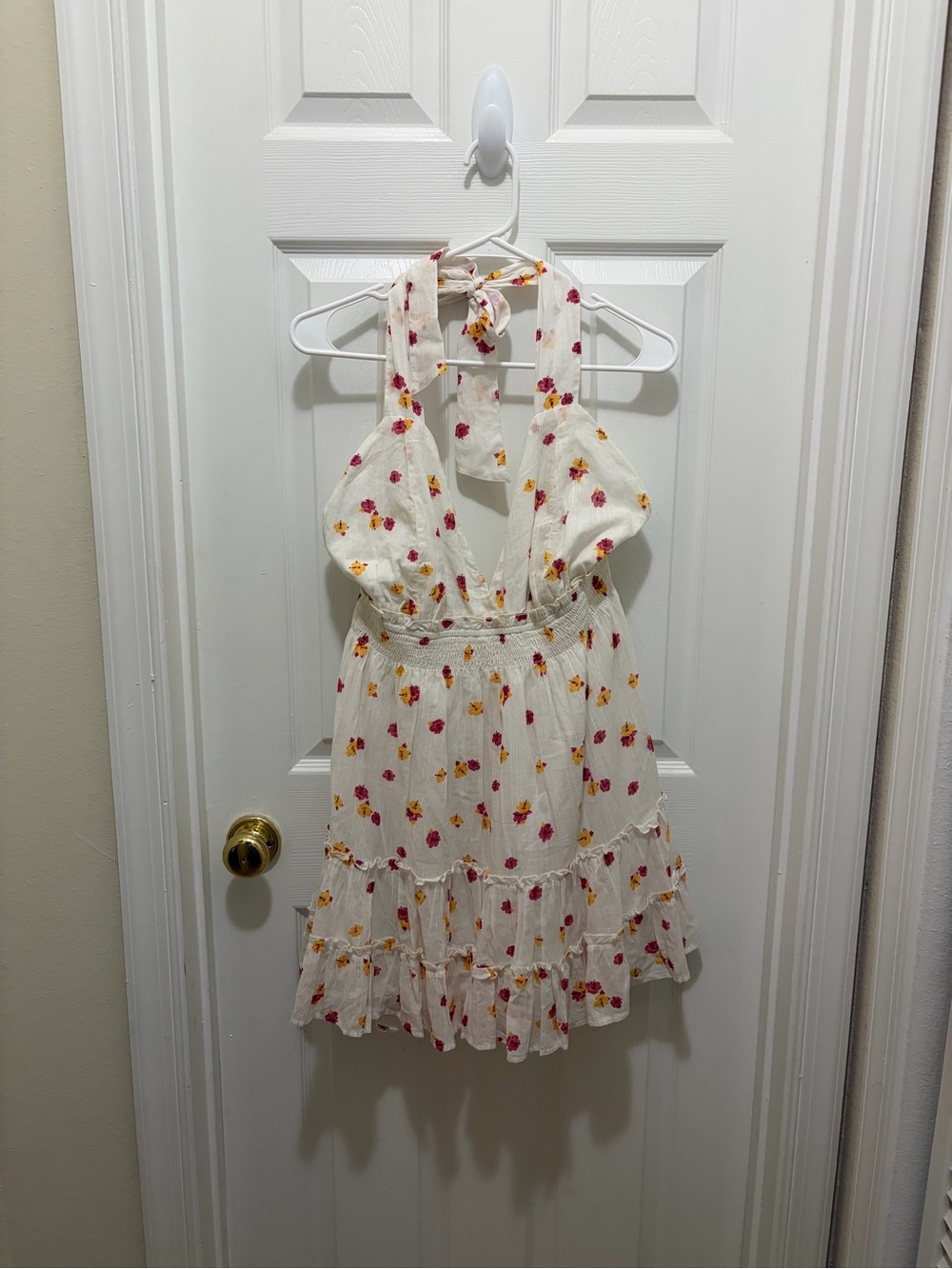 Amazon White Floral Halter Sundress with Pink and Yellow Blossoms
